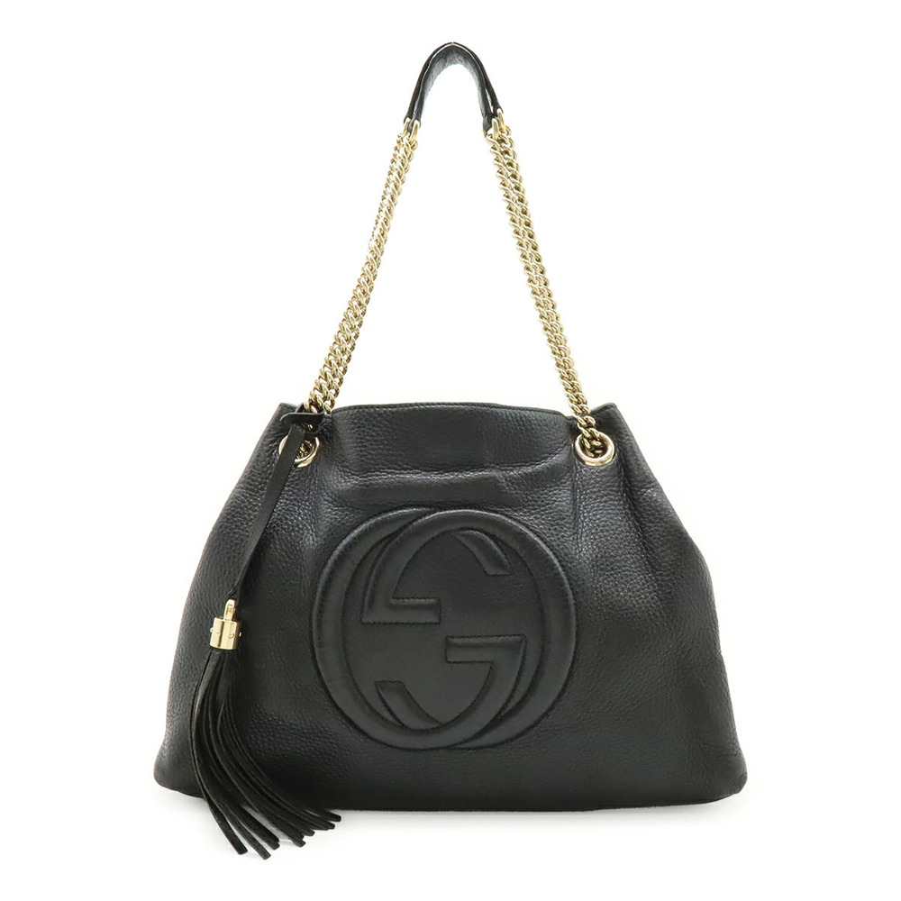 Gucci Soho Interlocking G Chain Bag Shoulder Tote Leather Black